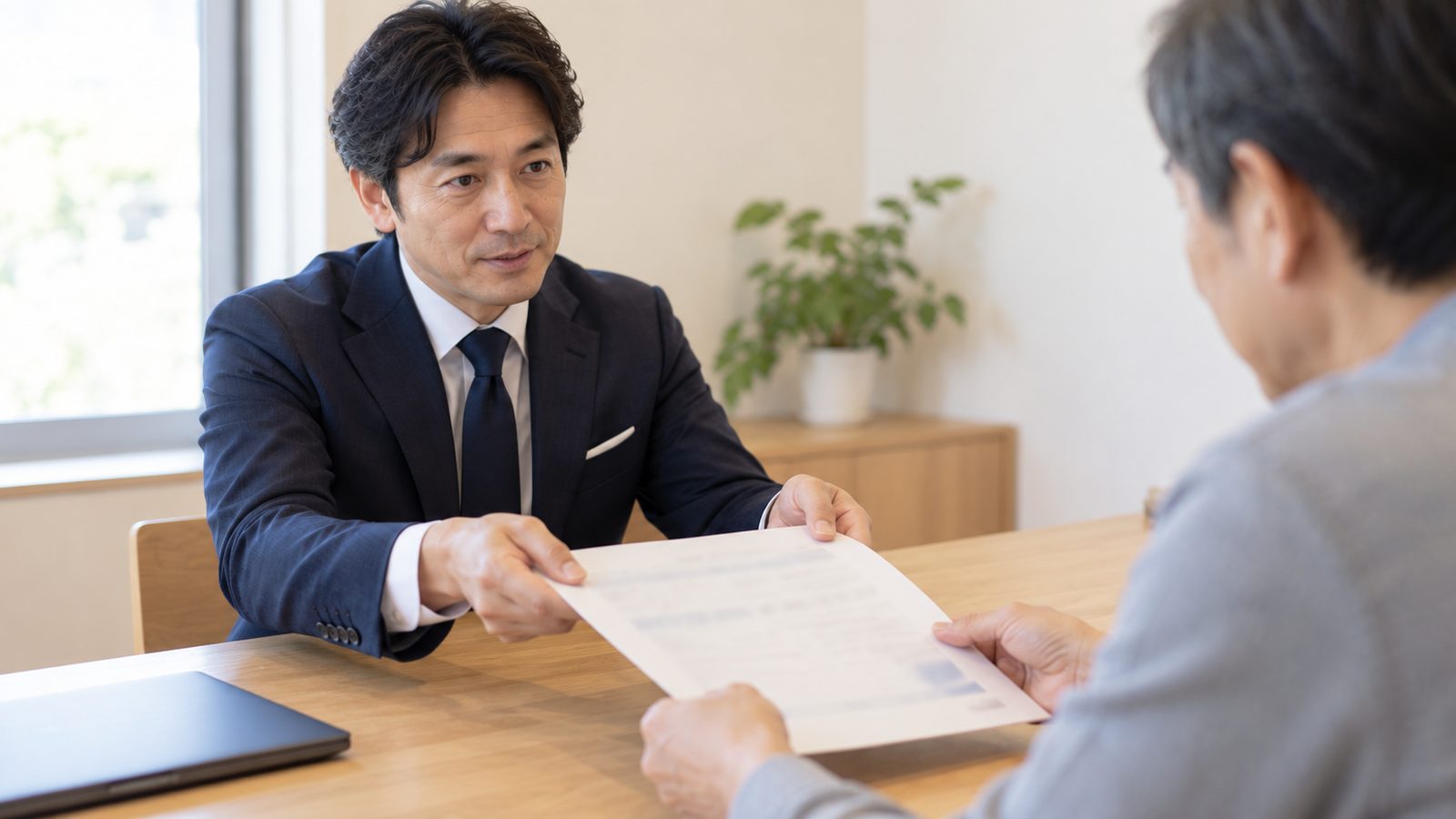 担当者から書類を受け取っている場面
