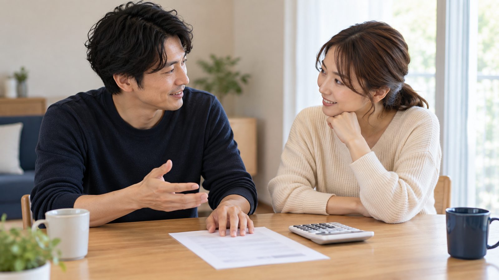 ダイニングテーブルで明細と電卓を囲み、落ち着いて話し合う夫婦