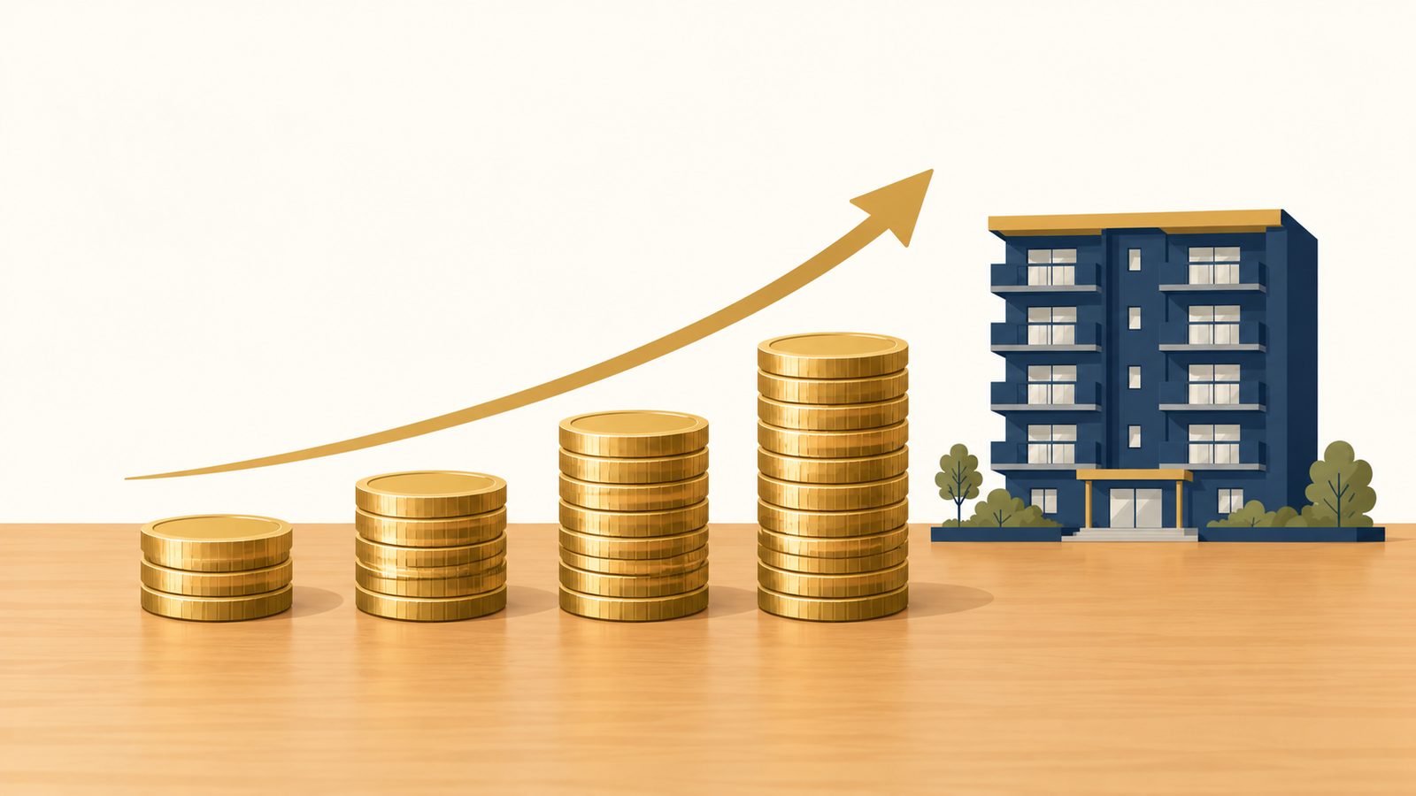 左から右へ高さが上がる硬貨の山と、その上を伸びる金色の矢印、奥にマンションの模型