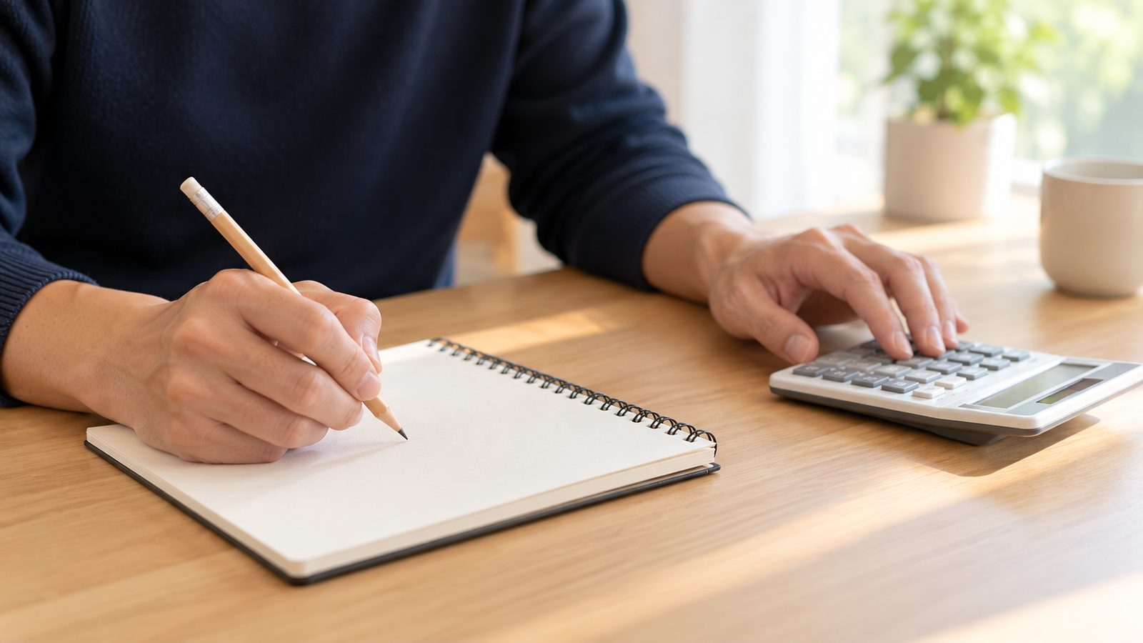 無地のノートに書き込みながら電卓を使う手元