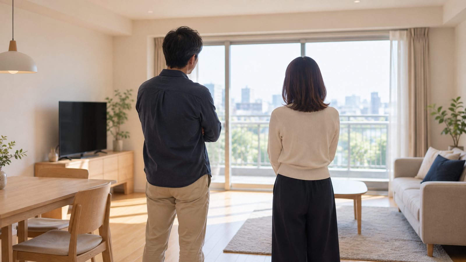 内覧に訪れた夫婦が明るいリビングを見回している後ろ姿