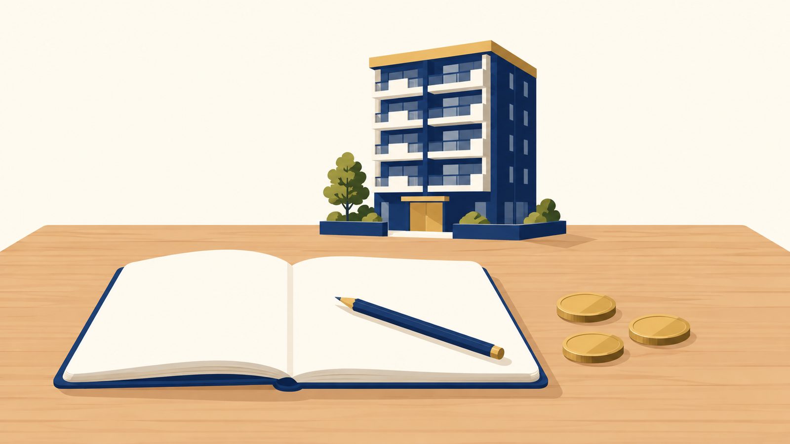 白紙のノートと鉛筆、硬貨、マンションの模型が並ぶ木の机