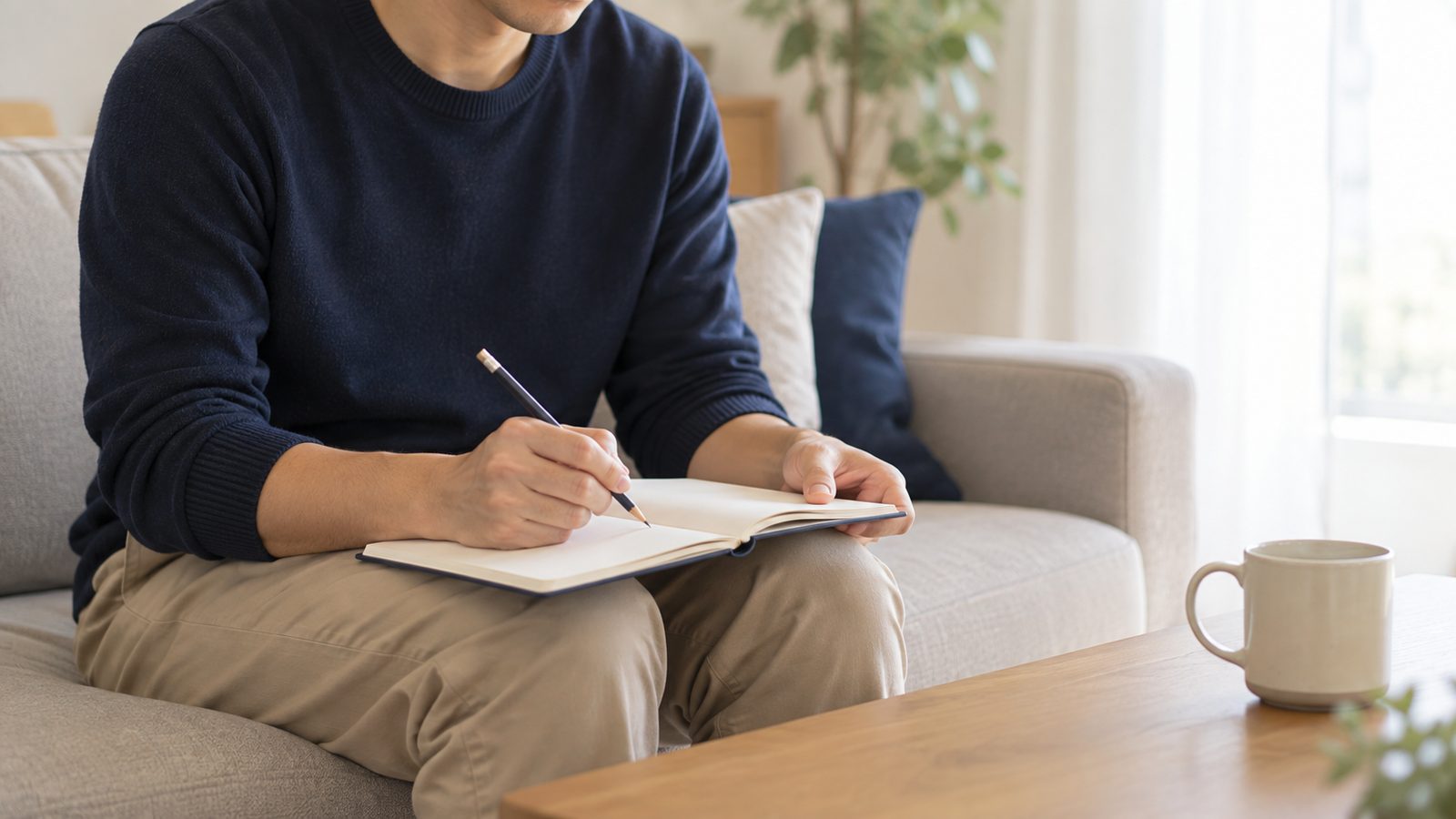 リビングのソファで膝の上のノートに書き出している手元