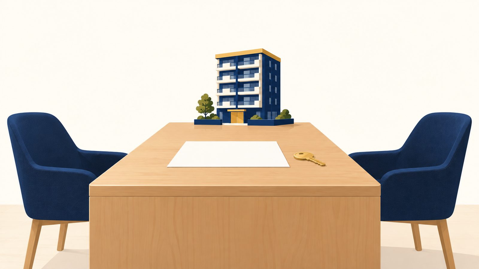 向かい合う椅子と相談カウンター、白紙の書類と鍵、マンションの模型