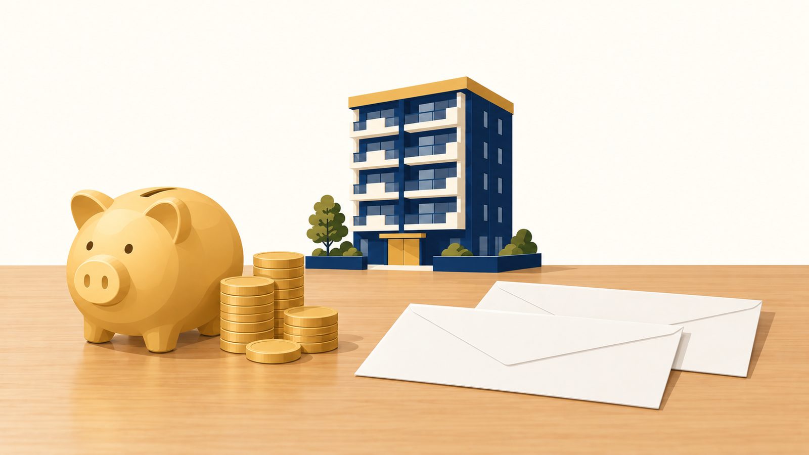 貯金箱と硬貨の山、白紙の封筒、マンションの模型が並ぶ机