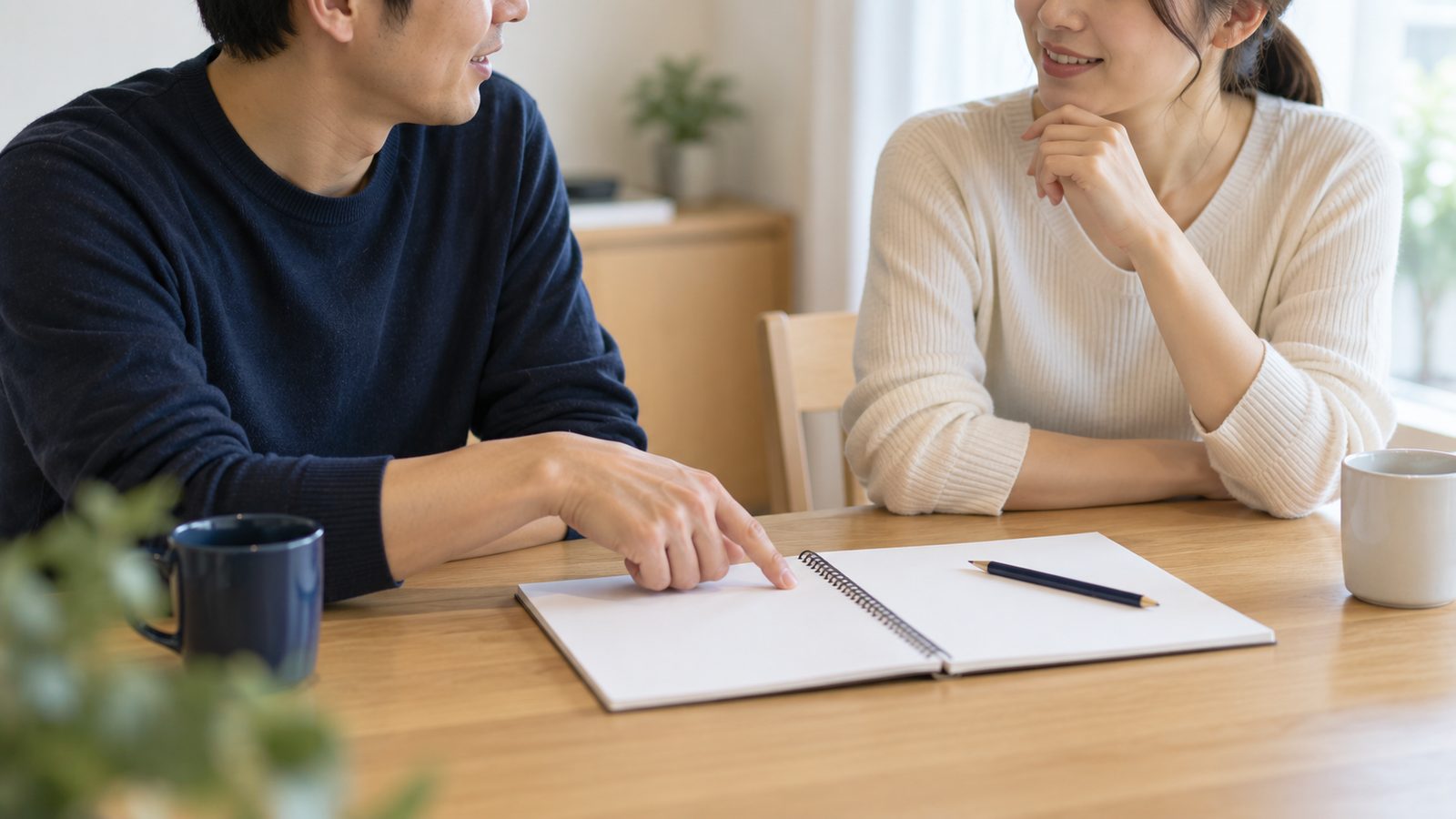 ダイニングテーブルで希望条件を話し合う30代の夫婦