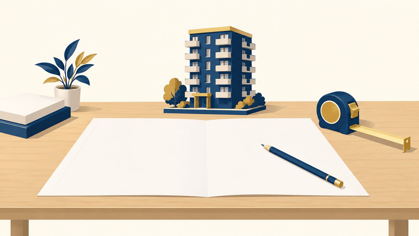 木の机に広げた白紙の図面と鉛筆、目盛りのないメジャー、奥にマンションの模型