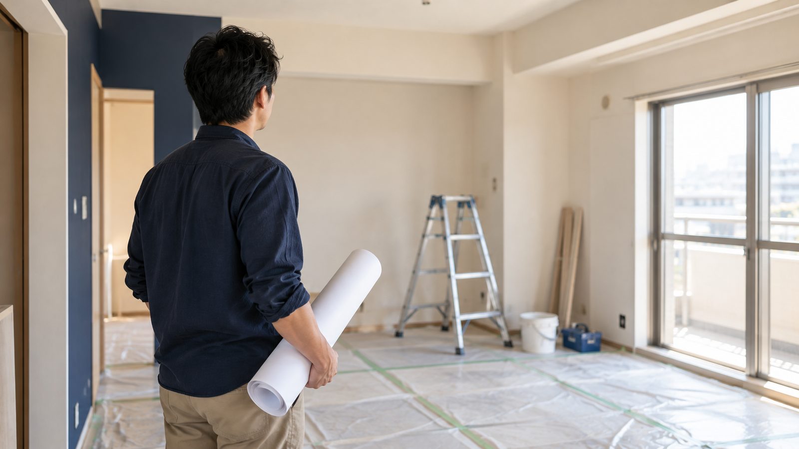 養生シートを敷いた工事中の室内で図面を手に室内を見回す人