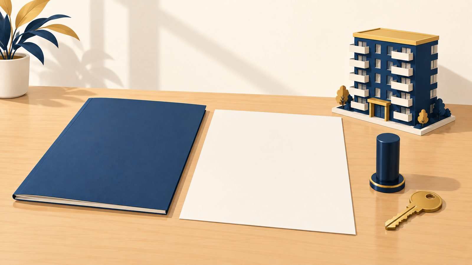 木の机に白紙の冊子と申請書、印鑑と鍵、奥にマンションの模型