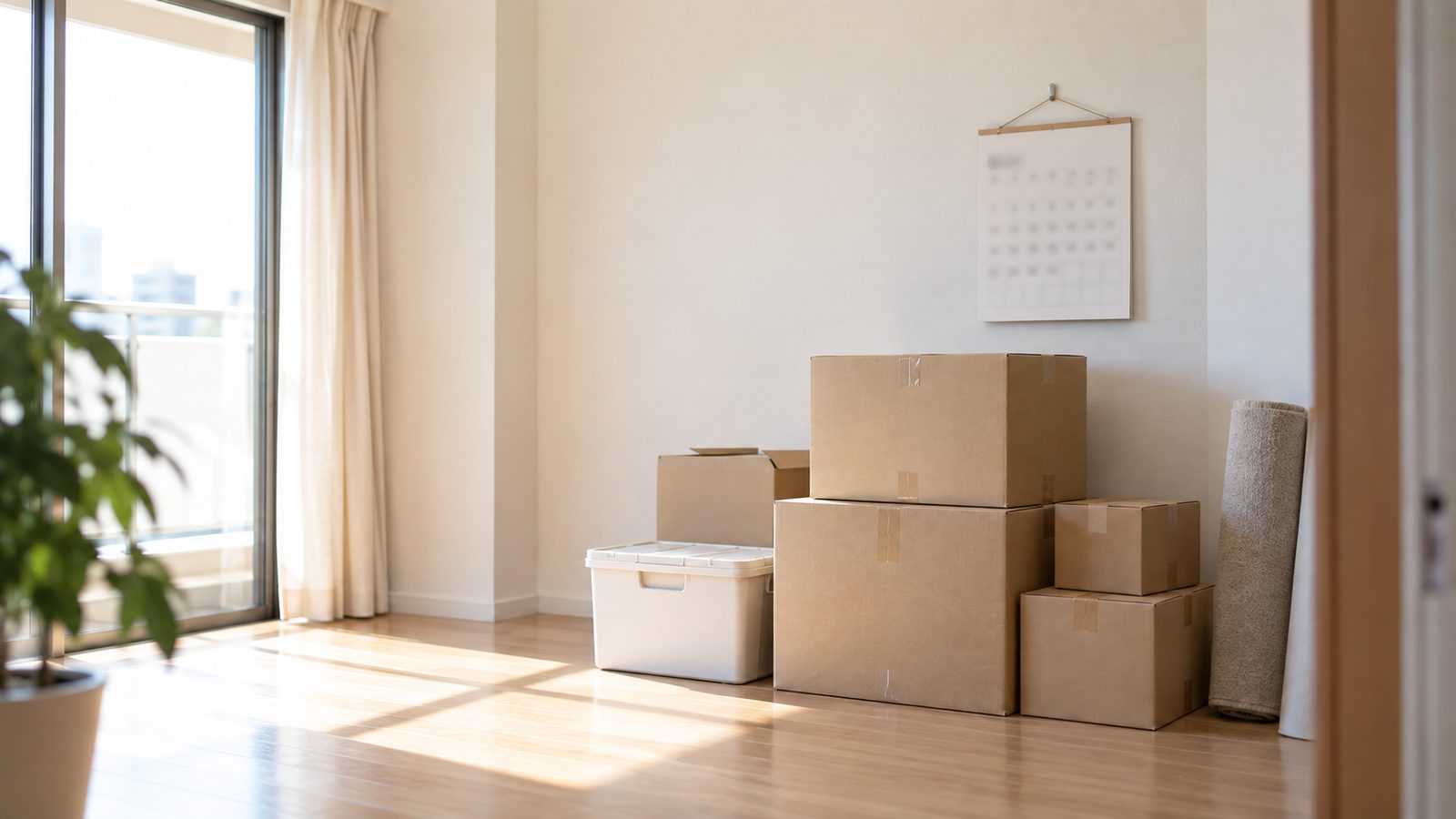 家具の少ない部屋に積まれた引っ越しの段ボールと壁のカレンダー
