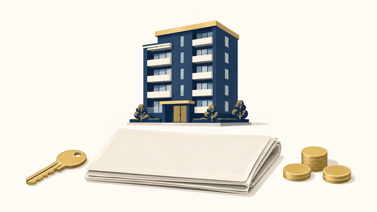 マンション模型と新聞紙・家の鍵・硬貨を並べたイラスト
