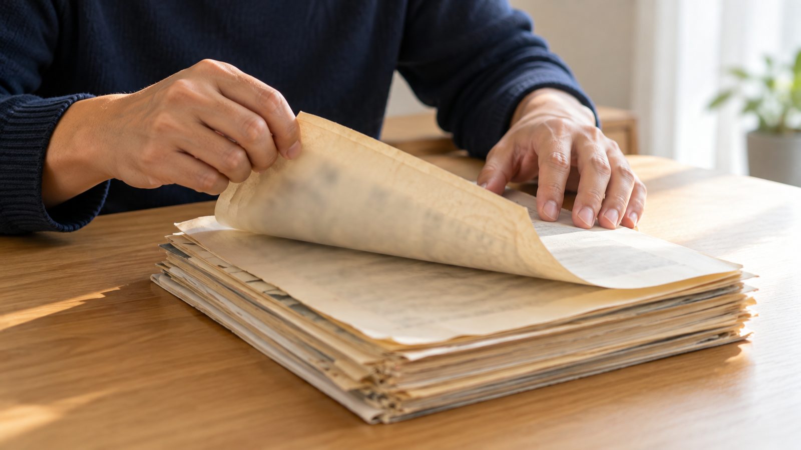 古い紙の資料をめくって過去の相場を調べる手元