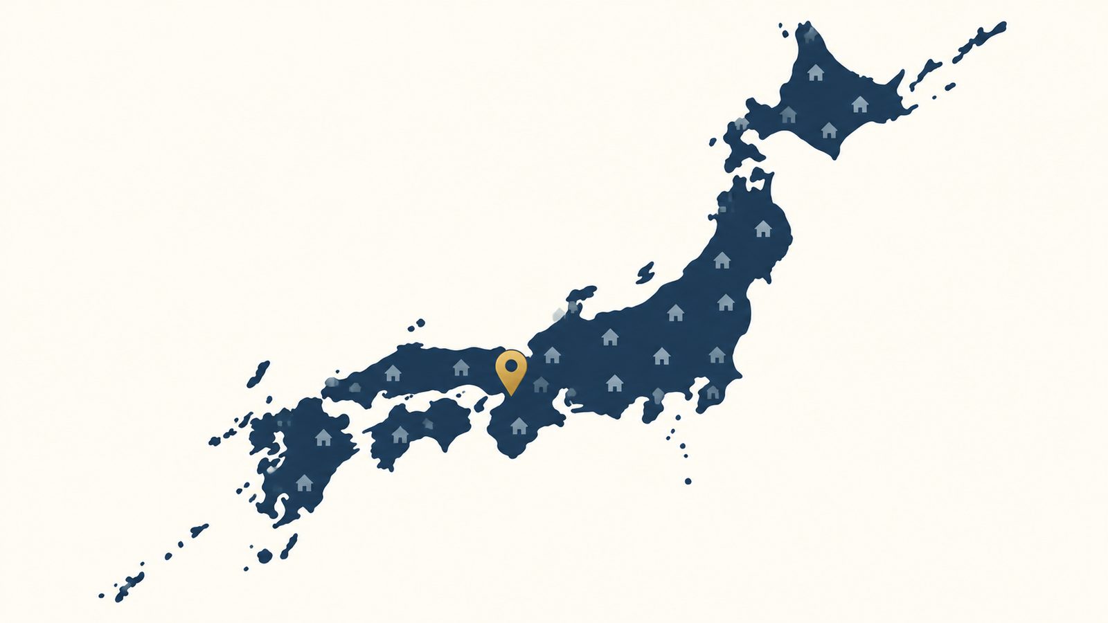 日本列島に散る家と大阪に立つ位置ピンのイラスト