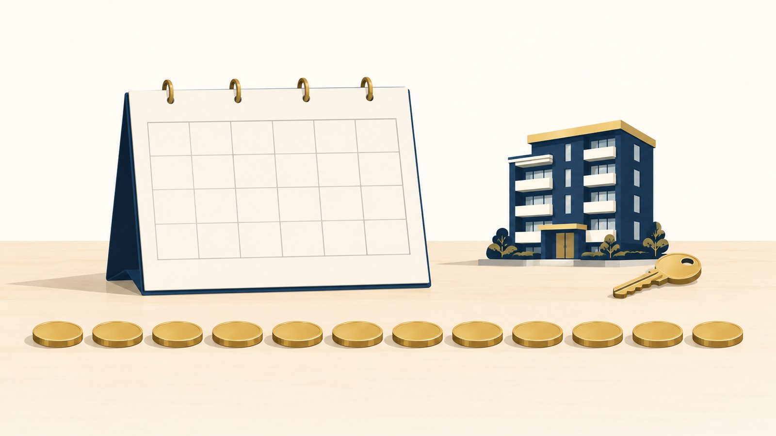 無地のカレンダーと横一列に並ぶ硬貨のイラスト
