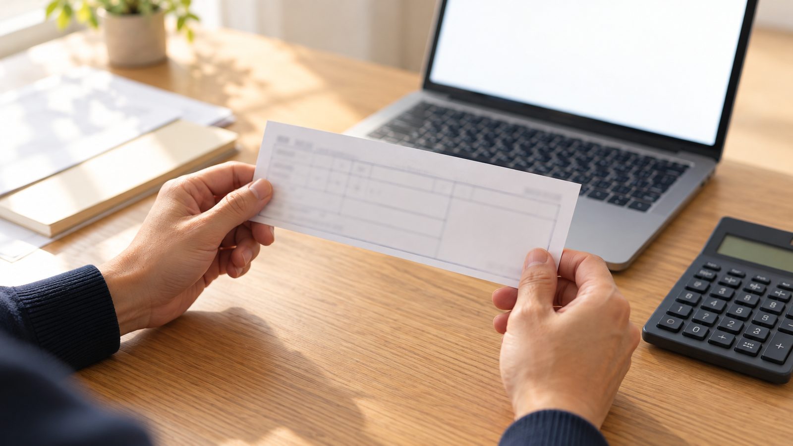 源泉徴収票を広げて源泉徴収税額を確かめる手元