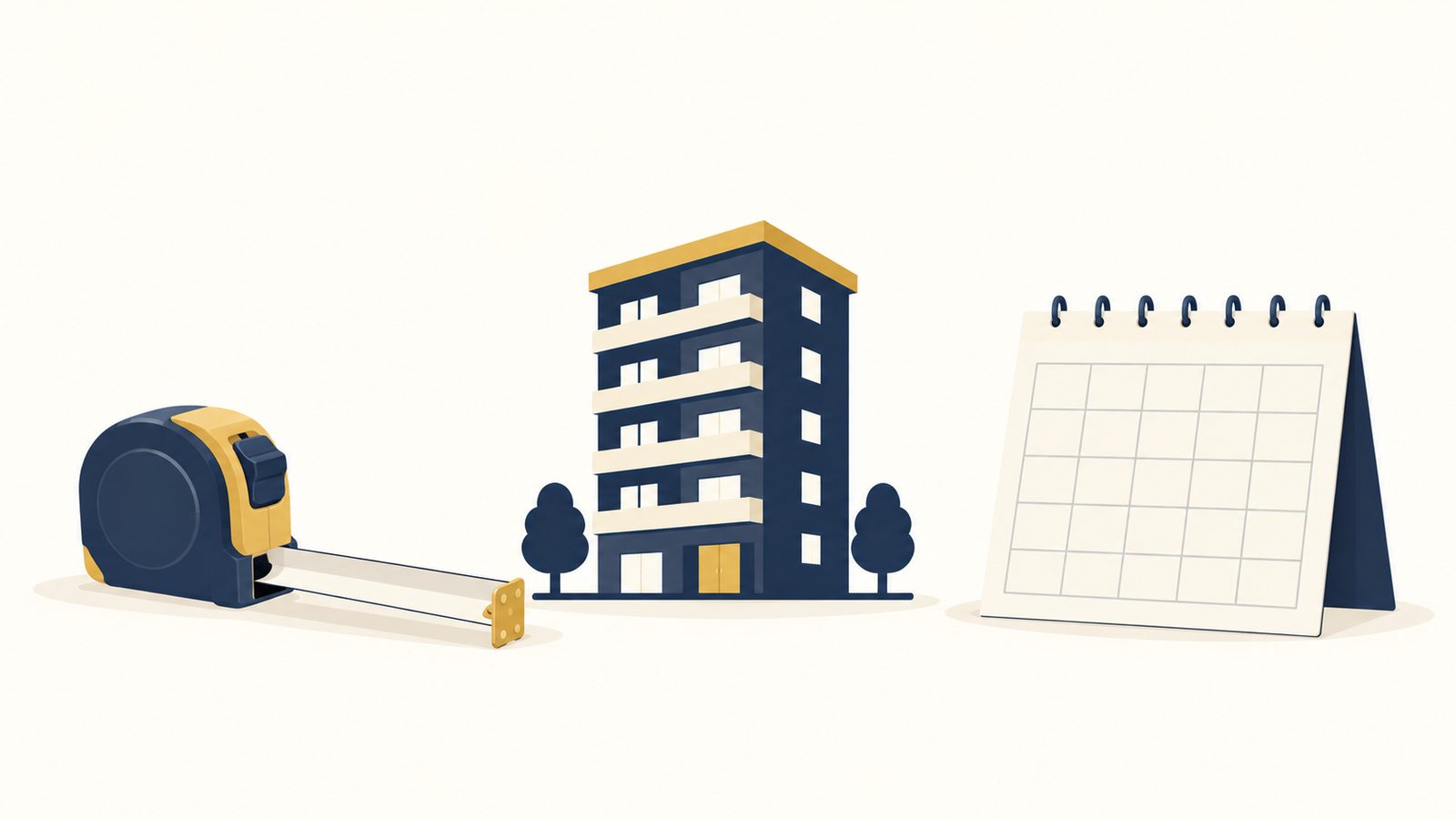 マンションの模型のそばに巻尺とカレンダーを置いたイラスト